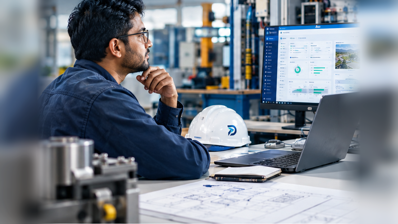 Dakshatra engineering experience shown through industrial equipment, planning drawings and a practical operations dashboard