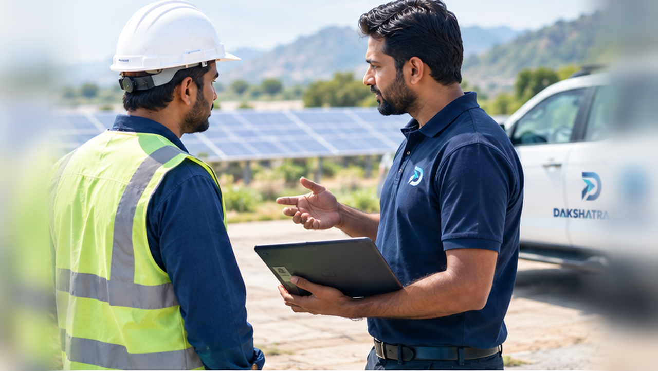 Dakshatra discussing operational improvements with a field engineer at a solar site