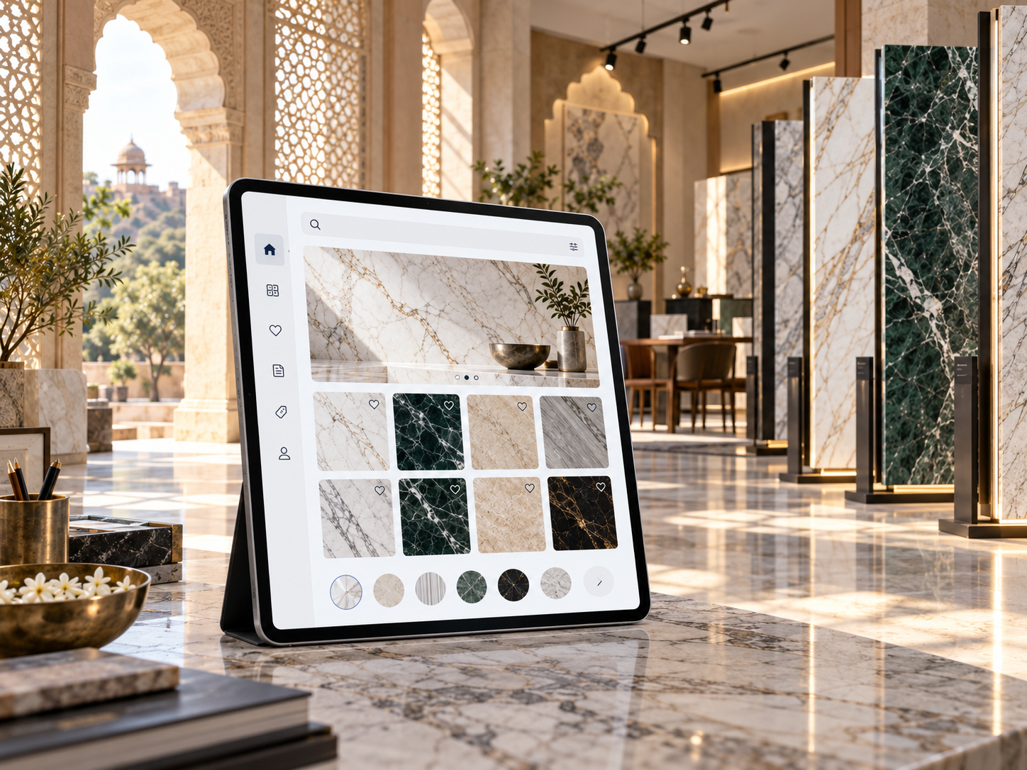 Indian stone showroom with a mobile catalogue for marble and granite marketing