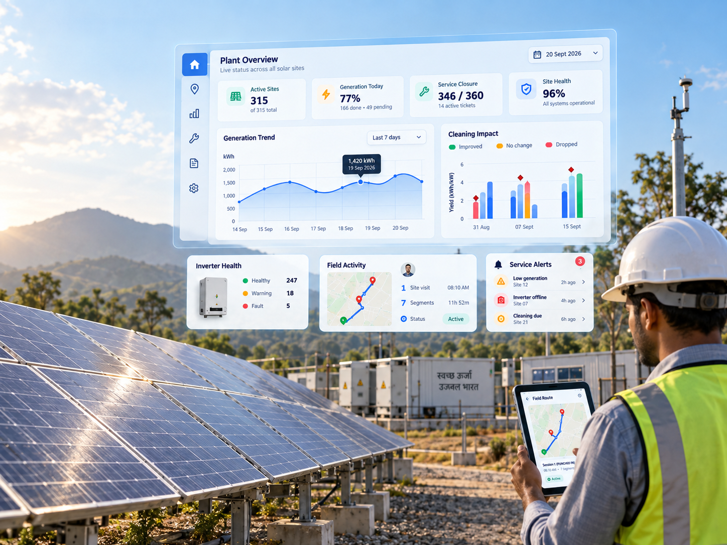 Solar plant connected with monitoring dashboards