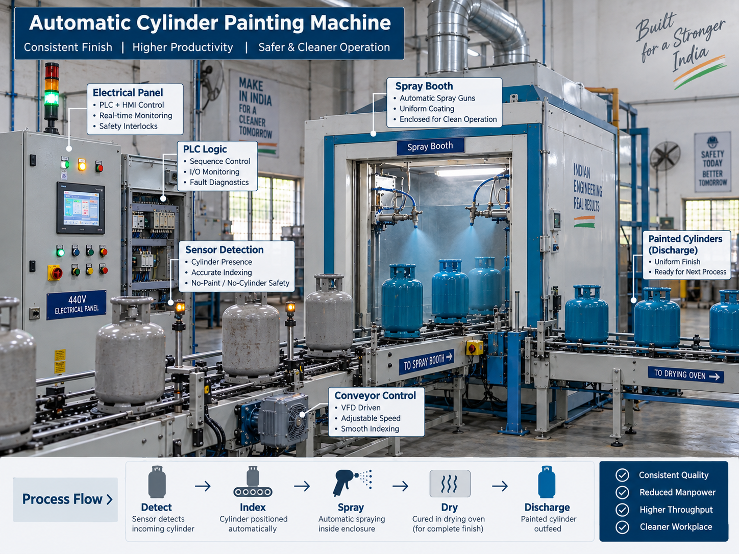 Automatic cylinder painting machine showing electrical panel, PLC logic, spray booth and process flow