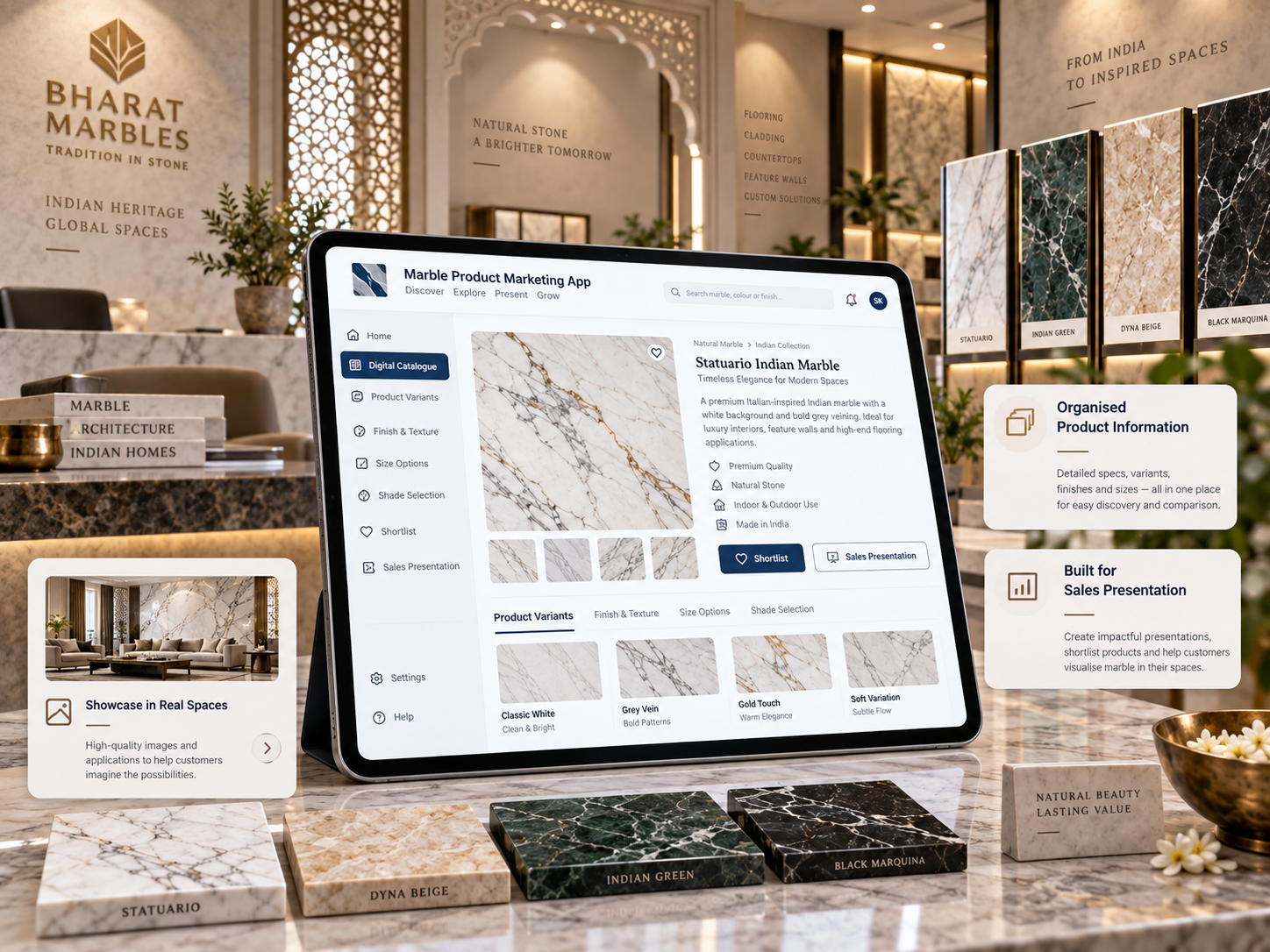 Stone Product Mobile Catalogue app showing marble product catalogue, variants and sales presentation tools